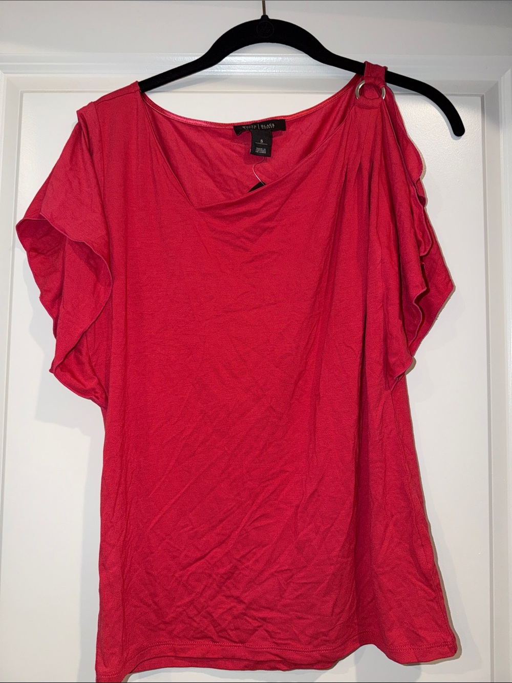 White House Black Market Raspberry One-Shoulder Ruffle Top with Ring Detail